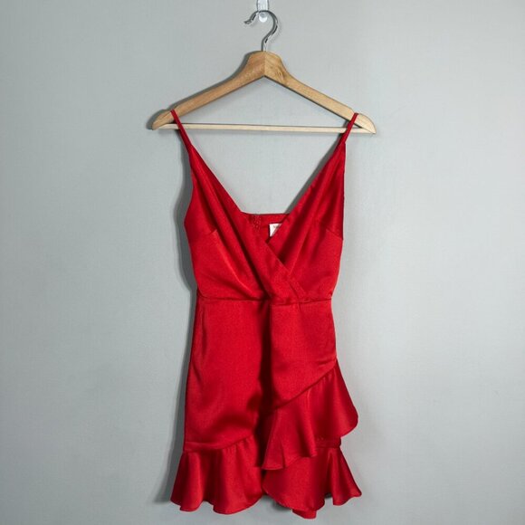 Showpo Cloud Cover Faux Wrap Ruffle Mini Dress Womens 2 Red Cocktail Party Girly - Picture 4 of 14